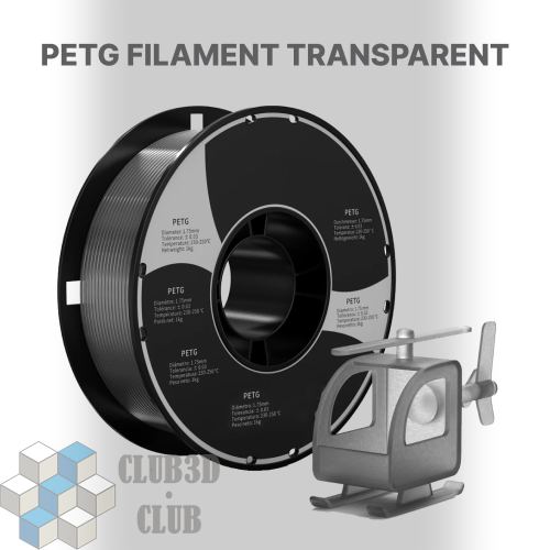 PETG пластик (Filament Пруток) CLUB3D Base - Прозрачный (Transparent) 1KG (1,75мм)